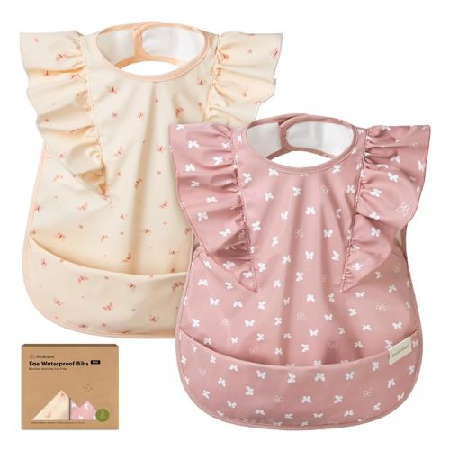 KeaBabies Waterproof Bibs for Baby Girl,Boy, 2-pk Lightweight (Butterflies) | Large Baby Bibs for Eating, Wearable Food Catcher, 6-12 Months Baby Feeding Essentials, Smock Bib for Toddlers 1-3, Kids