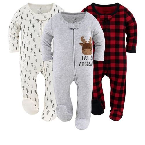 The Peanutshell Footed Baby Sleepers for Boys or Girls, Buffalo Plaid & Woodland, 3-Pack, Newborn to 12 Month Sizes