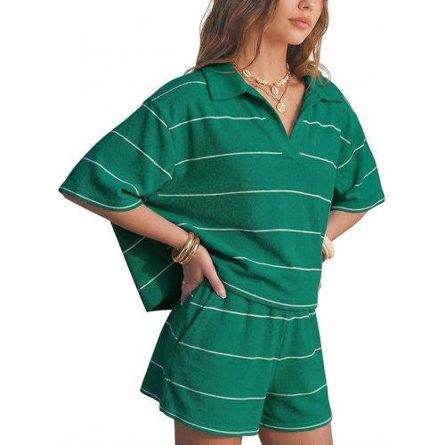 EXLURA Women Summer 2 Piece Outfits Faux Cashmere Sweater Knit Oversized Polo V Neck Top Matching Shorts Vacation Lounge Sets