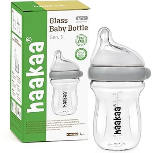 haakaa Gen.3 Natural Glass Baby Bottle 6.3 oz.180ml - Wide Neck, Anti-Colic Varibale Flow Nipple for 6m+ Breastfed Babies, Newborn Registry Essentials,BPA-Free -1 PK
