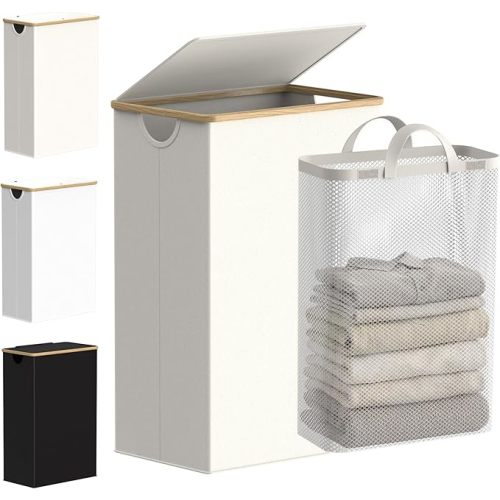 efluky Slim Laundry Basket with Lid, Narrow Laundry Hamper with Removable Bag, Skinny Dirty Clothes Basket with Bamboo Handles for Bathroom, Bedroom & Laundry Room, 90L Beige