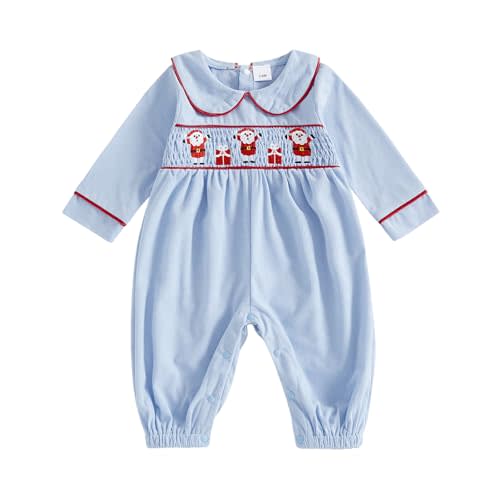 xkwyshop Newborn Baby Boy Girl Christmas Outfit Santa Smocked Romper Peter Pan Collar Long Sleeve Corduroy Jumpsuit Clothes