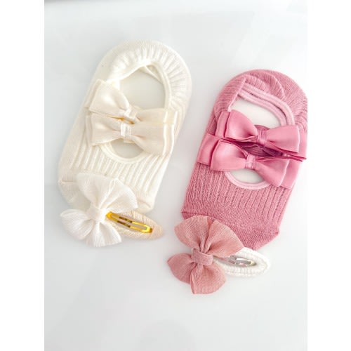 Baby Girl Satin Bow Socks and Hair Clip Gift Set
