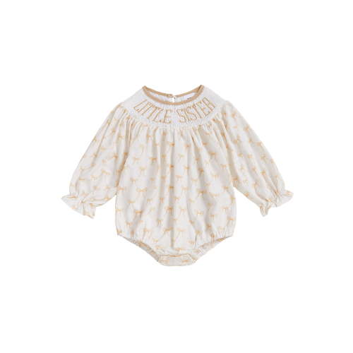BemeyourBBs Baby Girl Bow Romper Letter Embroidered Smocked Long Sleeve Bodysuit