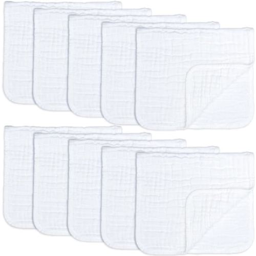 Muslin Burp Cloths 10 Pack Large 100% Cotton Hand Washcloths 6 Layers Extra Absorbent and Soft by Comfy Cubs (White, Pack of 10) - 10-Pack 20"X10"