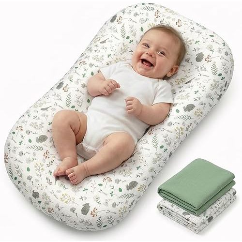 Infant Support Mat, 2 Pack Muslin Cotton Slips, Supportive Tummy Time Mat for Supervised Awake Use, Lightweight Nursery Essential (0-24 Months), Green& Leaf