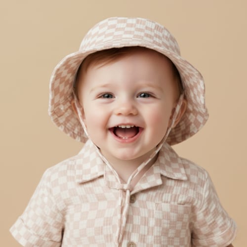 Organic Bucket Sun Hat - Brick Checks