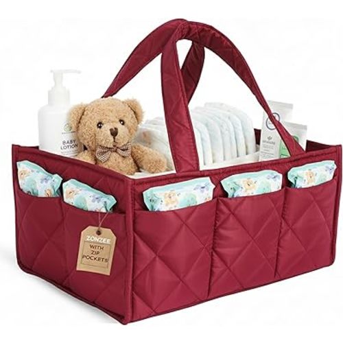 Baby Diaper Caddy Organizer, Nursery Storage Basket for Newborn Essentials, Travel Baby Basket for Diapers Baby Wipes, Organizer Tote Bag Storage Bin, Baby Shower Gifts (Maroon)