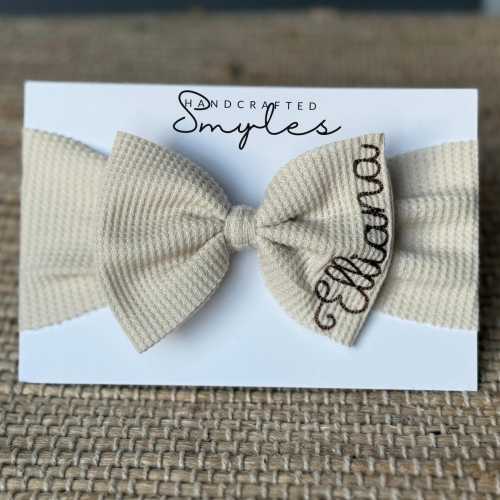 Embroider Baby Bow Headband with Name Baby Girl Headwrap for Newborn Custom Bow Headband Beige Baby Bow Headband Monogram Stretchy Headband