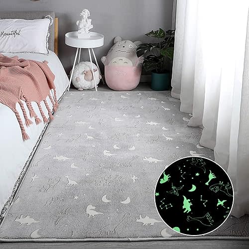 Eanpet Large Playroom Rug for Kids Glow in The Dark Dino Area Rugs for Boys Girls Toddlers Bedroom Decorative 5x7 Grey Play Mat for Babies 1-3 Years
