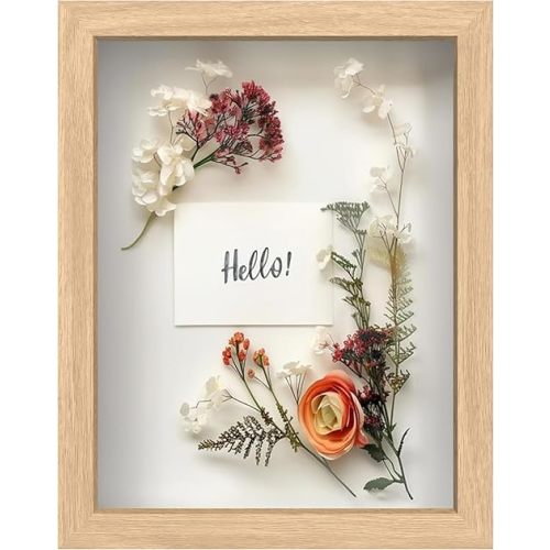 FrameWorks 8.5” x 11” Natural Oak Wooden Shadow Box Frame – Display Case with Soft Felt Back, Memory Box with Tempered Glass, Display Box with Elegant White Ball Push Pins, Wooden Flower Box