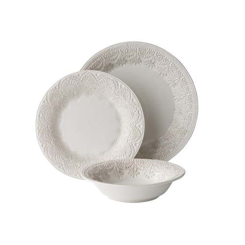 The Pioneer Woman Vintage Lace 12-Piece Ceramic Dinnerware Set, Linen