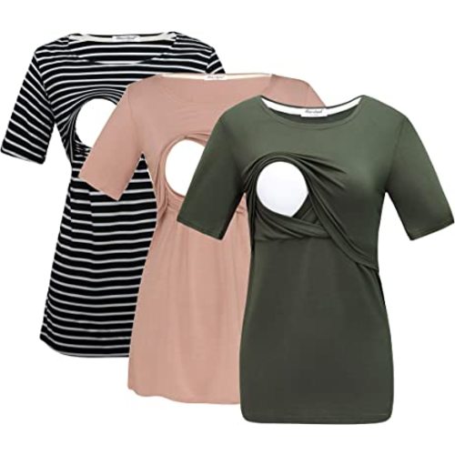 Bearsland Women's 3 Packs Maternity Nursing Tops Short Sleeve Breastfeeding Shirts