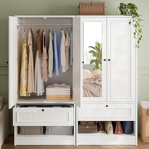 iPormis Wood Armoire Wardrobe Closet with Mirror Door and Drawer, 2 Doors Bedroom Storage Cabinet for Hanging Clothes, White