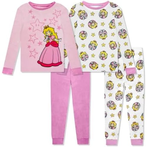 Super Mario 4 Piece Pajama Set - Mario, Bowser, Donkey Kong, Peach Girls Boys PJs - Soft Long Sleeve Shirt & Pants Sleepwear