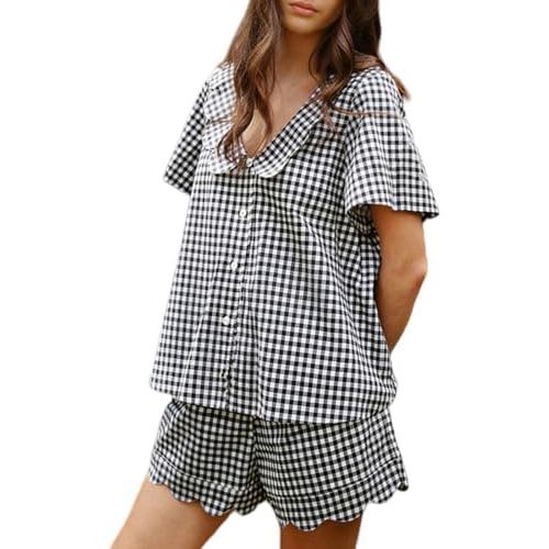 HOTIAN Womens Gingham Pajamas Set Summer Scalloped Collar 2 Piece Shirt&Shorts Lounge Pj Sets Outfits