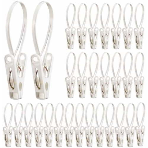30 Pack Multi-Purpose Laundry Hooks Hanging Clips Bulk with Plastic Rope Hanger Clips for Baby Clothes Closet Organizer for Pants Hat Sock Boot Bra Towel Bathroom Wardrobe (White)