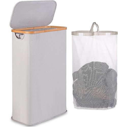 65L Slim Laundry Hamper, Narrow Laundry Basket with Lid,Foldable Clothes Hamper with Bamboo Handles,Hamper Basket with Removable Inner Bag for Laundry Room Bedroom College Dorm,17.17 Gals Beige