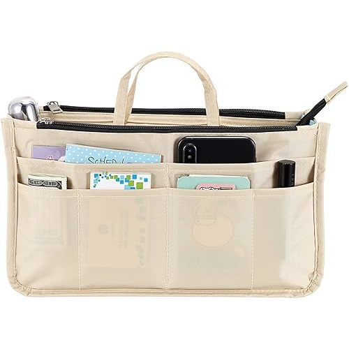 BTSKY Printing Handbag Organizers Inside Purse Insert - High Capacity 13 Pockets Bag Tote Organizer with Handle Beige