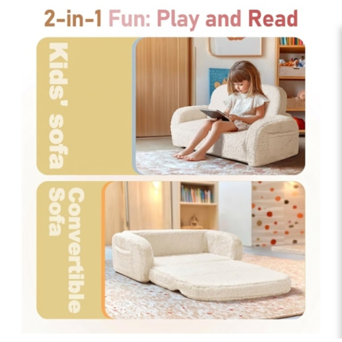2-in-1 Sherpa Fold Out Kid Couch, Extra Wide Comfy Toddler Chair, Convertible Kids Sofa to Lounger, Foldable Toddler Couch with High Density Foam, Modern Kids Sofa Bed for Boys & Girls 3+, Beige