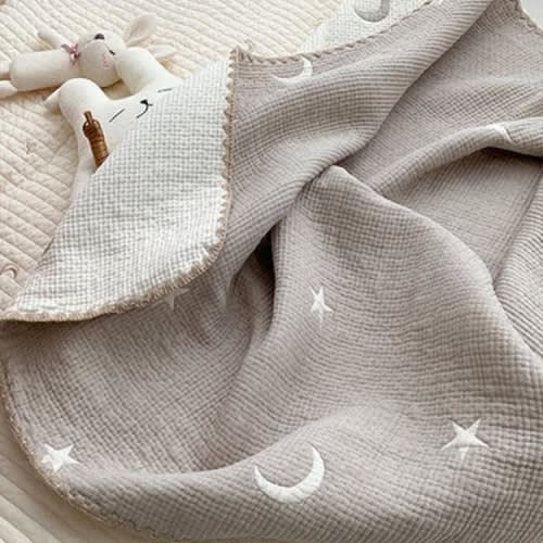 Organic Cotton Reversible Baby Blanket: Natural Colors, Stars and Moon design, Soft & Breathable