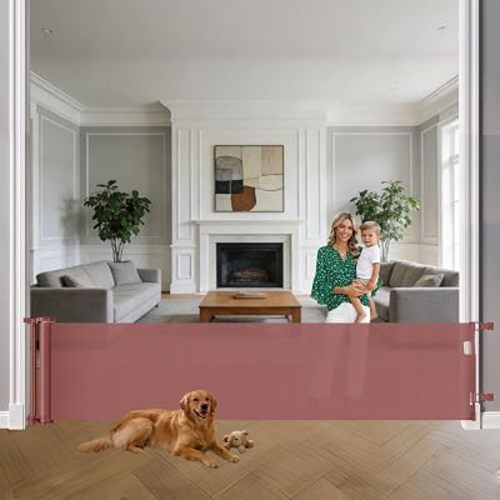 33” Tall X 140” Extra Wide Baby Gate No Bottom Bar Retractable Dog Gates for Doorways Extra Wide Baby Gates for Large Openings 11.67Ft Outdoor Pet Gate Indoor Dog Fence One-Hand Easy Operation, Brown