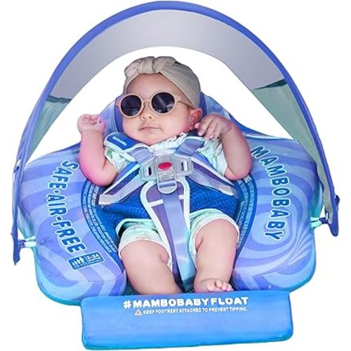 Mambobaby Float with Canopy UPF 50+ Sun Protection Add Tail Non-Inflatable Solid Baby Pool Swim Float Mambo Smart Swim Trainer Infant Float Swim Ring for Baby Aged 3-24 Months