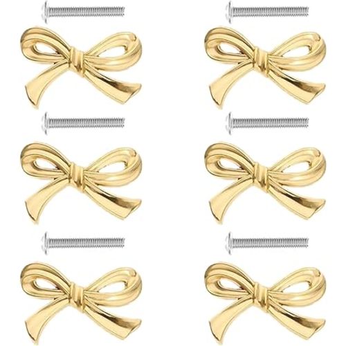 6 PCS Brass Bow Shape Cabinets Knobs Gold Drawer Pulls Decorative Bow Cupboard Pull Handles for Home Kitchen Cabinet Hardware Cupboard Dresser Wardrobe