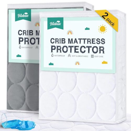 Biloban Crib Mattress Protector 2 Pack, Waterproof, Quilted, Grey & White, Absorbent, Ultra Soft, Noiseless, Durable