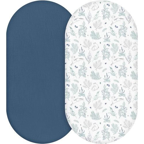 Muslin Bassinet Fitted Sheets 2 Pack, Soft Breathable Cotton Baby Bassinet Mattress Sheet Set, 360° Elastic Snug Fit, Universal for Oval, Rectangle & Hourglass Cradle, Unisex Baby Bedding (Blue Deer)