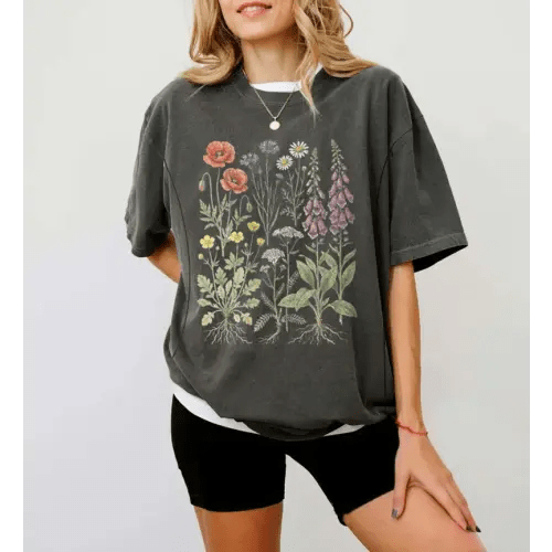 Vintage Wildflower Botanical Graphic Nursing T-Shirt (size XL)