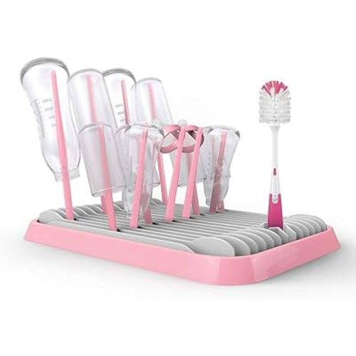 Sankoo Baby Bottle Drying Rack with Tray，High Capacity Foldable Countertop Bottle Holder for Bottles, Teats, Cups, Pump Parts and Accessories (Pink)