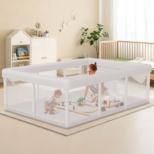 Baby Playpen 74"x50" Play Pens for Babies and Toddlers, Large Play Yards for Indoor & Outdoor with Zipper Gates, Breathable Mesh with Anti-Slip Base