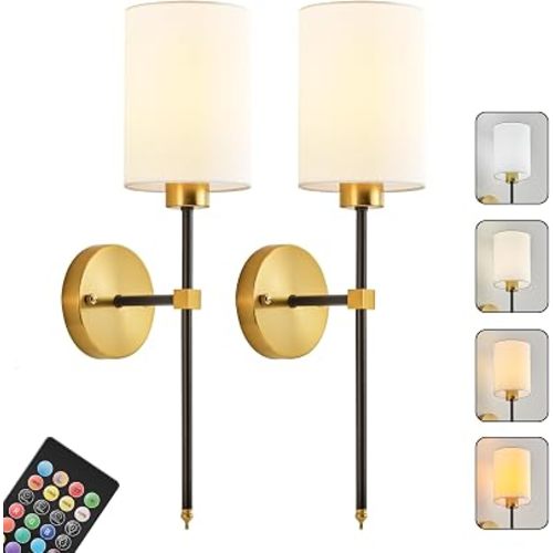 Battery Operated Wall Sconce Set of Two, Wireless Rechargeable Wall Light With Remote Control, Dimmable, 4 Color Temperatures, RGB, Timer, for Living Room,Bedroom,Entryway, Black Gold, 20.6 Inch