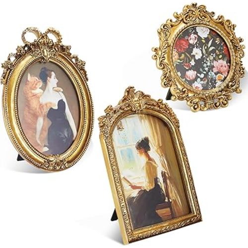 Thyle 3 Pcs Small Gold Vintage Picture Antique Resin Photo Frame Set Rectangle Ornate Antique Picture Frames for Art Tabletop Display Wall Hanging Home Decor(Vintage Gold)