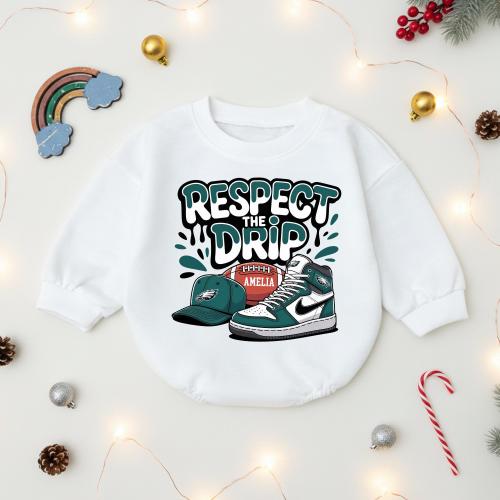 Custom Name Respect The Drip Baby Romper, Personalized Sneakerhead Infant Jumpsuit, Aesthetic Newborn Boy Girl Sports Gift