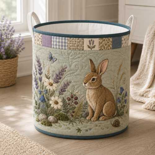 Quilted Bunny Rabbit Laundry Basket, Floral Cottagecore Nursery Storage Bin Decor