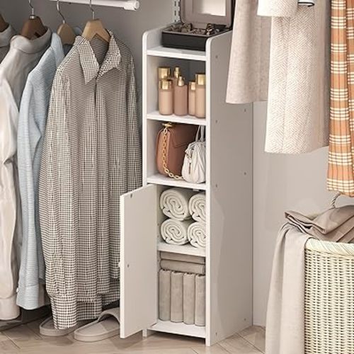 Furinno Fulda Closet Organizers and Storage, 5-Tier Closet Organizer, Narrow Closet Storage with Door and Adjustable Shelves, 32H, for Small Spaces, Closet, Study Room, Hallway, White