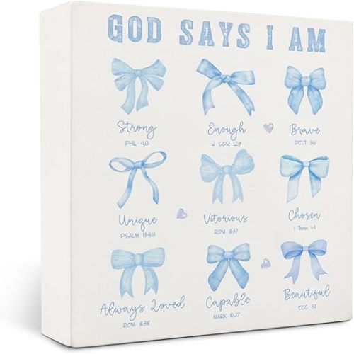 Coquette Blue Bow Christian Bathroom Wooden Signs,Coquette Room Decor,Blue God Says I Am Wooden Box Sign,Preppy Bow Bible Verse Decor For Girls Room Bedroom Desk Shelf Tabletop 5x5 Inches