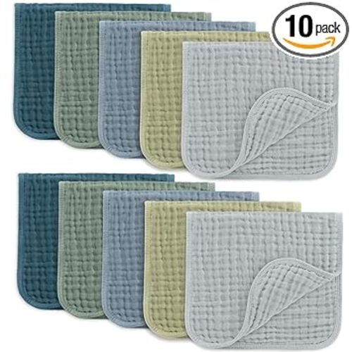 Comfy Cubs Muslin Burp Cloths 20x10" 10 Pack, Baby Burp Cloths - Multi Boy | Large, 6-Layer, Ultra Absorbent 100% Cotton Burp Cloths for Baby Drool and Messes - Soft, Safe & Gentle for Boys & Girls