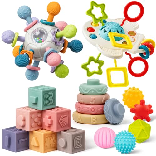 Baby Toys 6 to 12 Months, 5 In 1 Montessori Toys for 1 Year Old, Incl Travel Pull String Toy & Rattle Teether & Stacking Baby Block & Soft Infant Ring & Sensory Ball for Toddler 0-3-6-9-12 Month