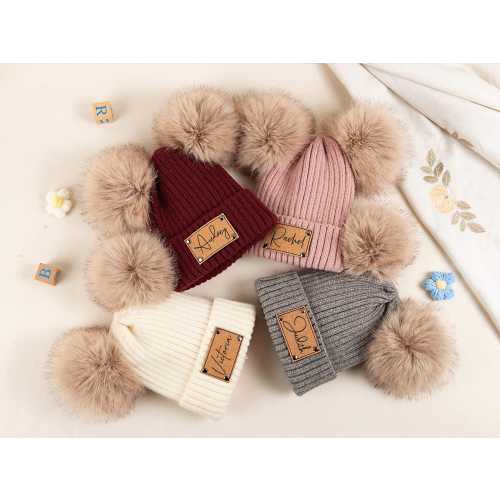 Custom Baby Pom-Pom Hats with Names, Personalized Children's Winter Pom-Pom Hats, Leather Name Patch Pom-Pom Hats, Newborn Beanies