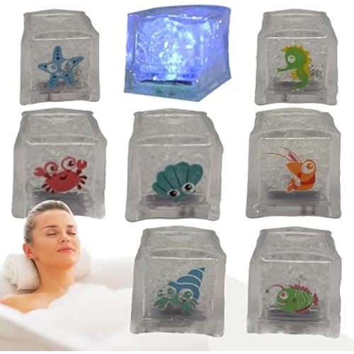 Lighted Bathroom Cubes - Lighted Bathtub Cubes, Multicolor Bathroom LED Ice Cubes, Water Activated Ice Cubes with Sea Pattern for Birthday, Holiday, Celebration