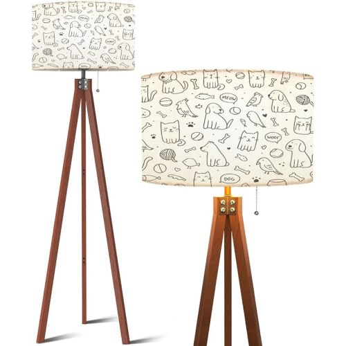 Wood Tripod Floor Lamp Pets cats dogs seamless doodle style Cute linear black white animals Modern Standing Lamp Linen Lampshade Dimmable Tall Lamp Mid Century Floor Lamp for Living Room Bedroom