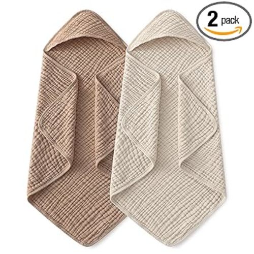 Yoofoss Hooded Baby Towels for Newborn 2 Pack 100% Muslin Organic Cotton Baby Bath Towel with Hood for Babies, Infant, Toddler and Kids, 32x32Inch, Soft and Absorbent Newborn Essential, Beige&Coffee