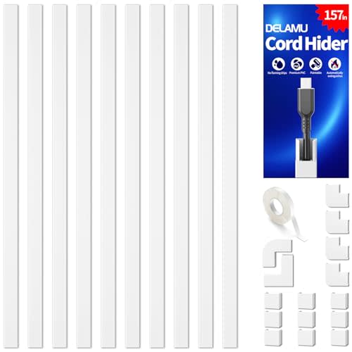 Delamu 157in Cord Covers for Wires on Wall, Cord Hider for 1 Cord, Paintable Cable Hider, Cable Management Wire Covers for Cords, W0.55 H0.4in, White