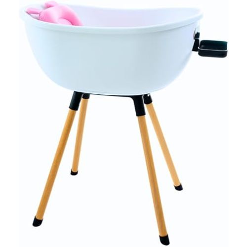 Luxury Baby Bathtub with Wooden Stand – 3-Stage Convertible, Ergonomic & Back-Saving Design (Pink Bundle)