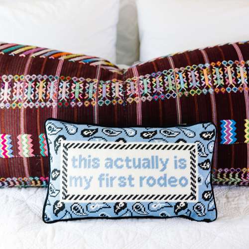 First Rodeo Needlepoint Pillow, Cheeky Western Throw Cushion, Bandana Blue Decor, Furbish