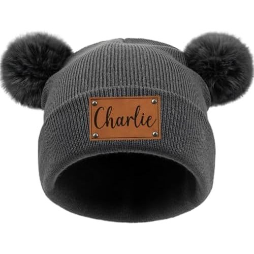 Personalized Baby Pom Pom Beanie Hat,Custom Newborn Name Beanie Knitted Hat, Winter Gift for Infant Kids Toddler