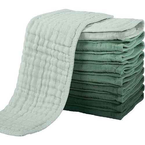 Yoofoss Muslin Burp Cloths for Baby 10 Pack 100% Cotton Baby Washcloths for Boys Girls Large 20''X10'' Super Soft and Absorbent Gradient Green